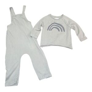 Grayson Collective Outfit Kids 2T Rainbow Sweatshirt Overalls Sage Green 2pc Set